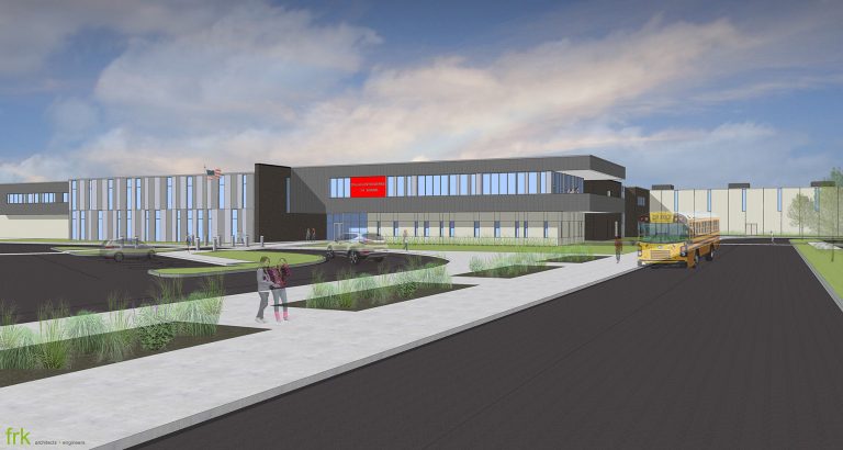 Exterior render of main entry and bus dropoff