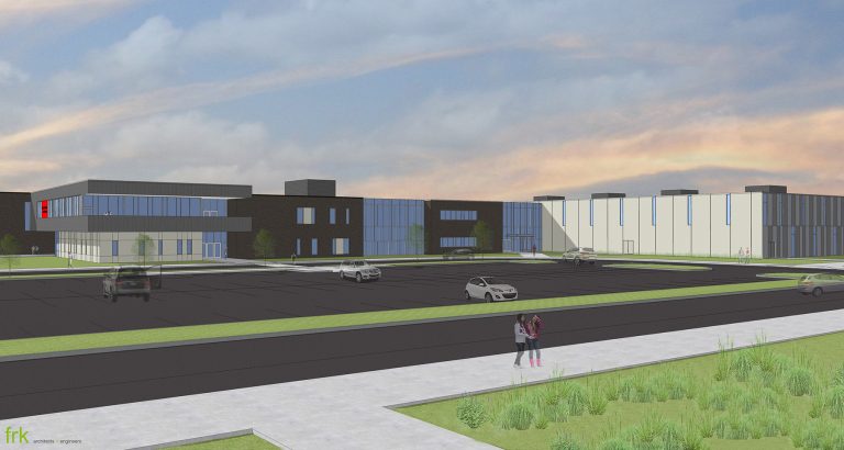 Exterior render of main entry and commons