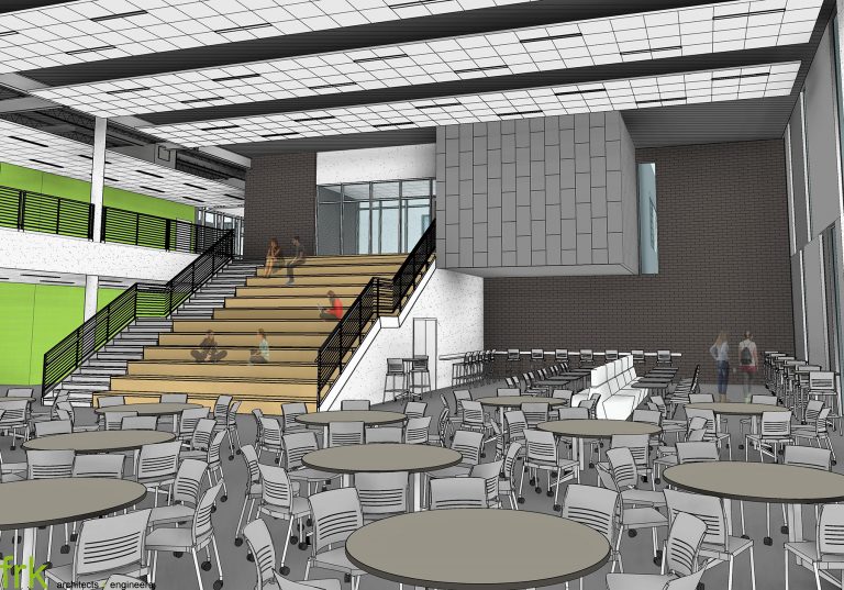 Interior render of commons featuring seating and learning stair