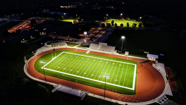 Night drone view of stadium