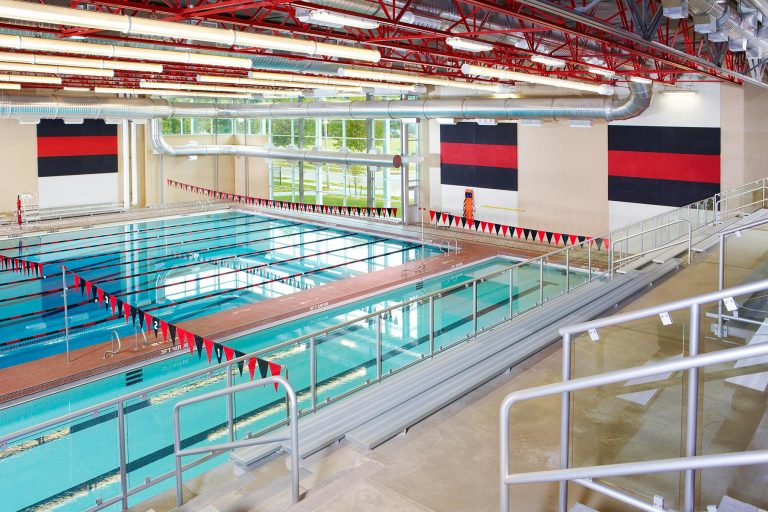 Looking at pool and outside from upper stands